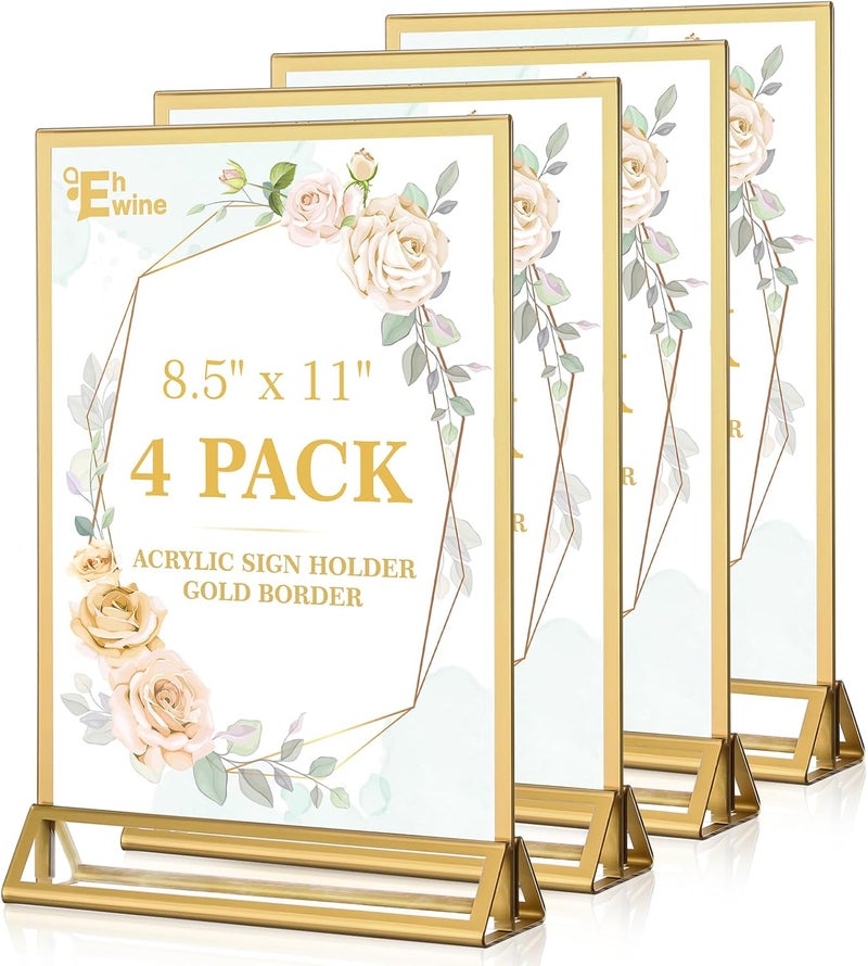 EHWINE 4 Pack Acrylic Sign Holder 8.5 x 11, Double Sided Gold Picture Frame Stand up Table Top Sign Holders, Clear Display Stand Menu Flyer Holder for Wedding Party (Provide Non-slip Mats) - Image 1